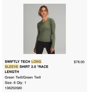Lululemon Swiftly Tech Long Sleeve Shirt 2.0 Size 6